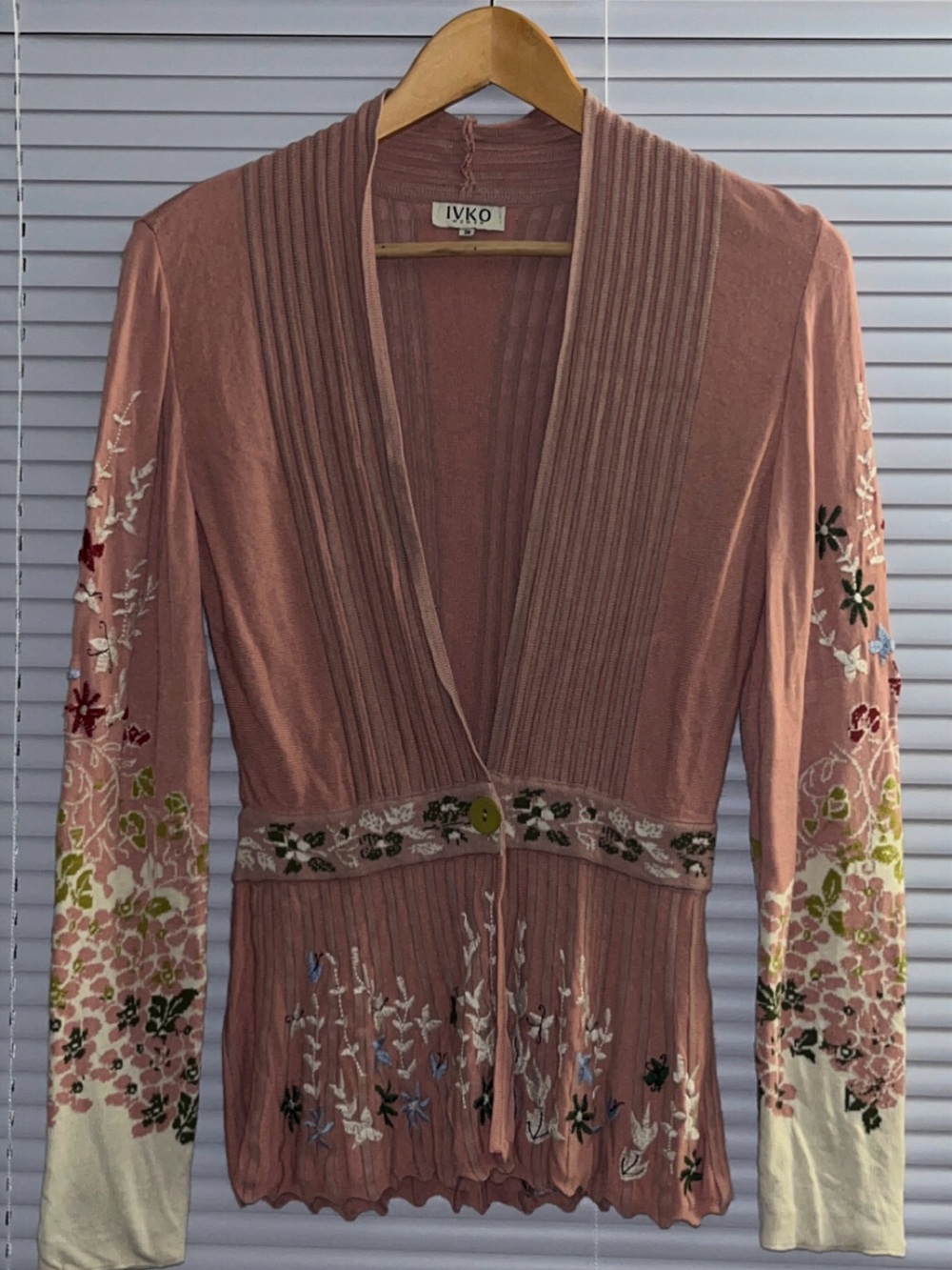 IVKO Woman Floral Embroidered Pleated Peplum Cardigan Knit Sweater